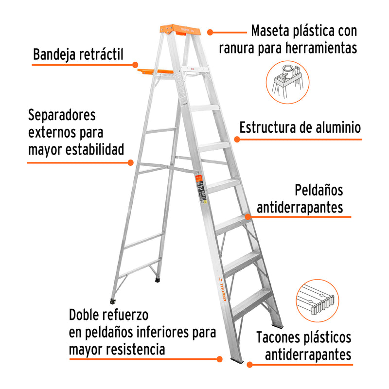 Escalera de tijera, tipo ll, 7 escalones y bandeja