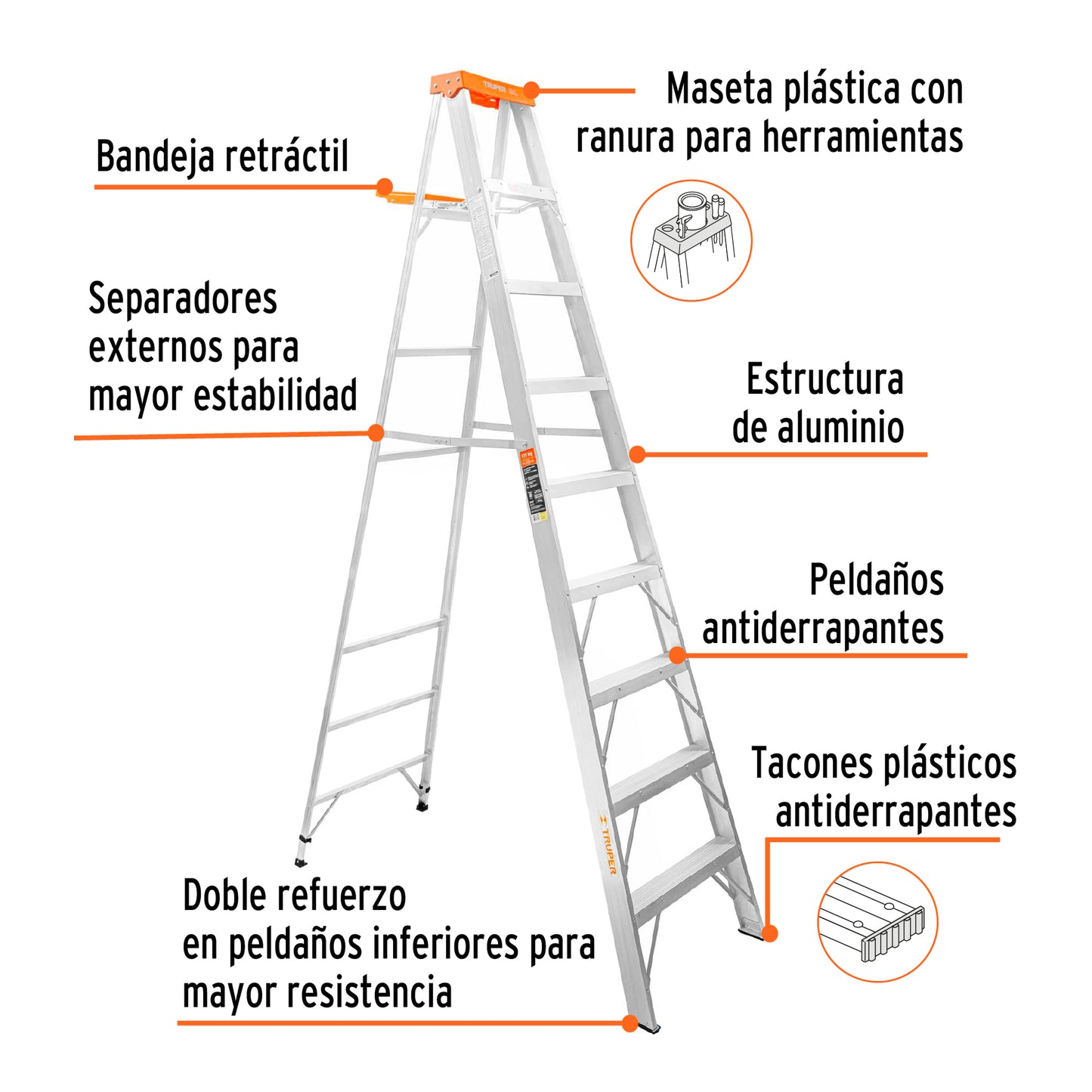 Escalera de tijera, tipo ll, 8 escalones y bandeja