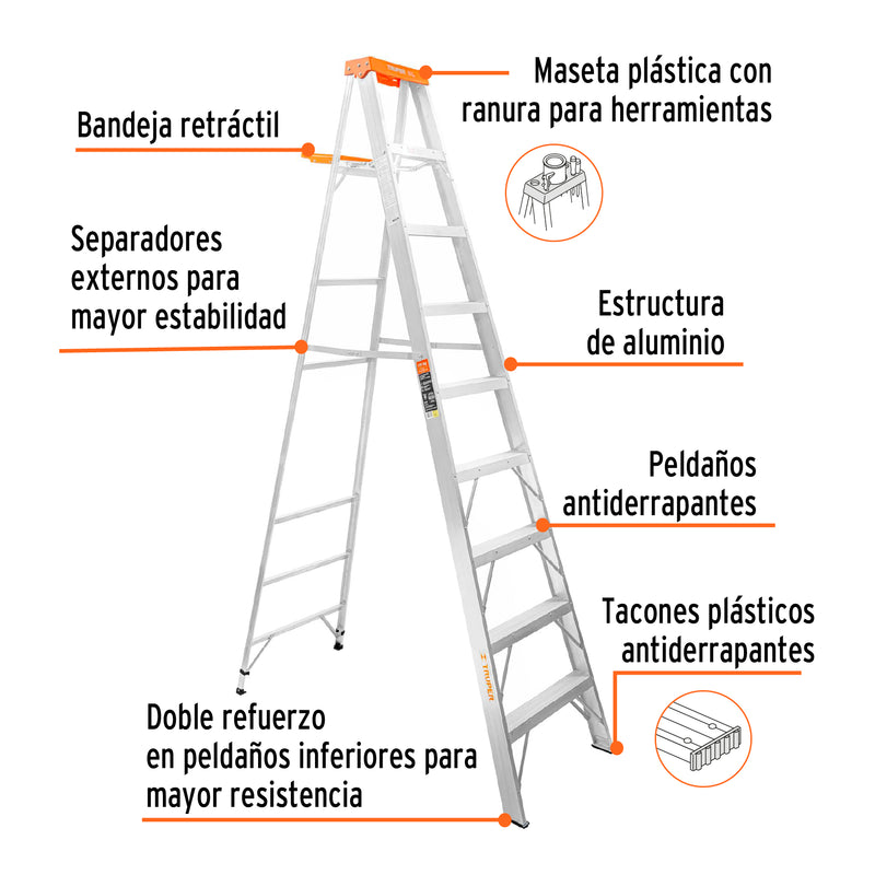 Escalera de tijera, tipo ll, 8 escalones y bandeja