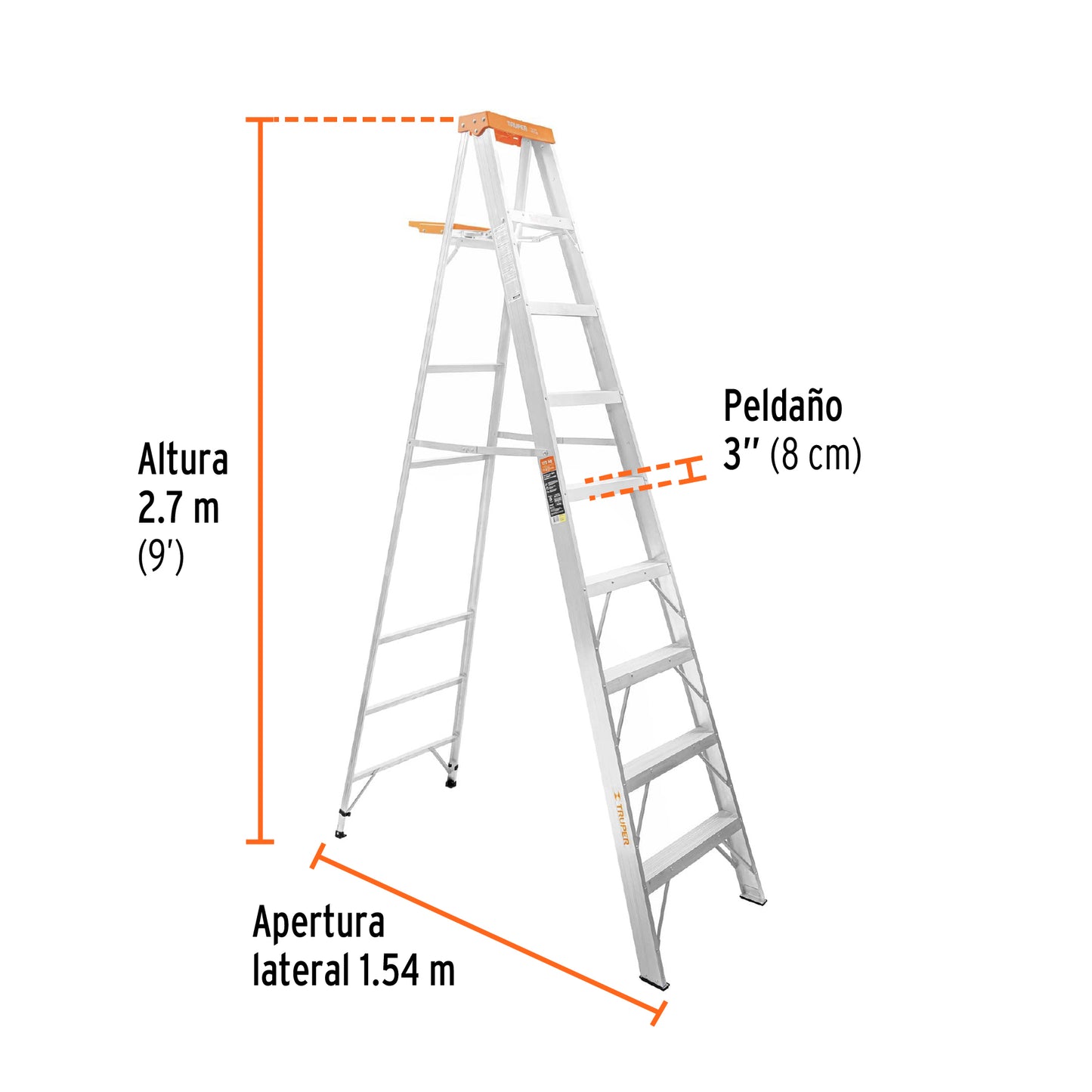 Escalera de tijera, tipo ll, 8 escalones y bandeja