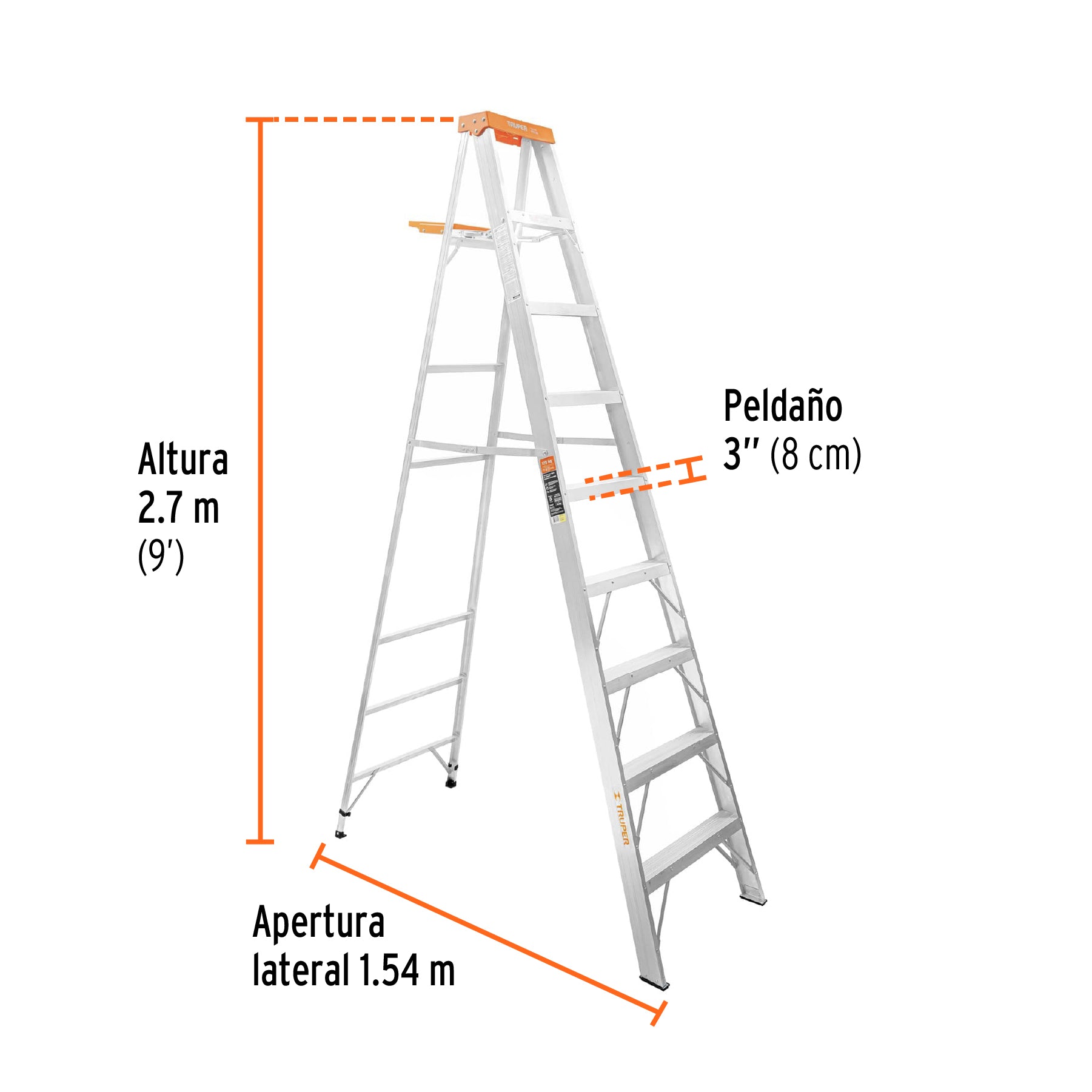 Escalera de tijera, tipo ll, 8 escalones y bandeja