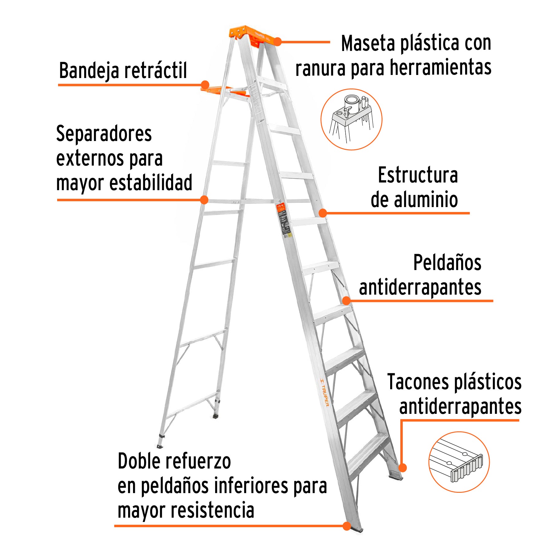 Escalera de tijera tipo II, 9 escalones, con bandeja