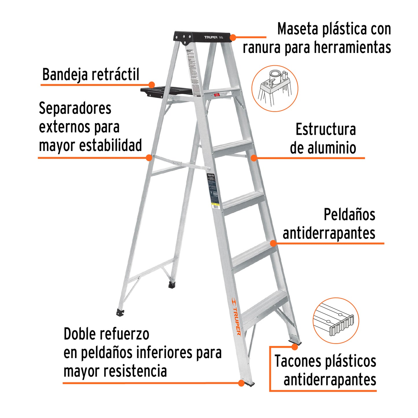 Escalera de tijera tipo III, 5 escalones, con bandeja