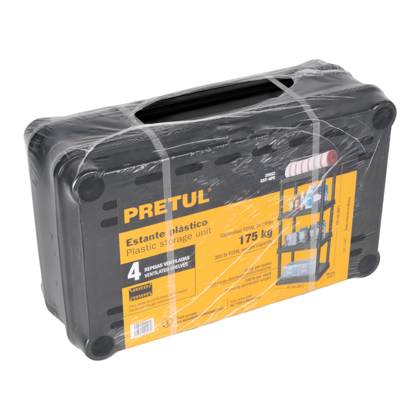 Estante plástico 4 repisas cap. 45 Kg, 125x38x61, PRETUL