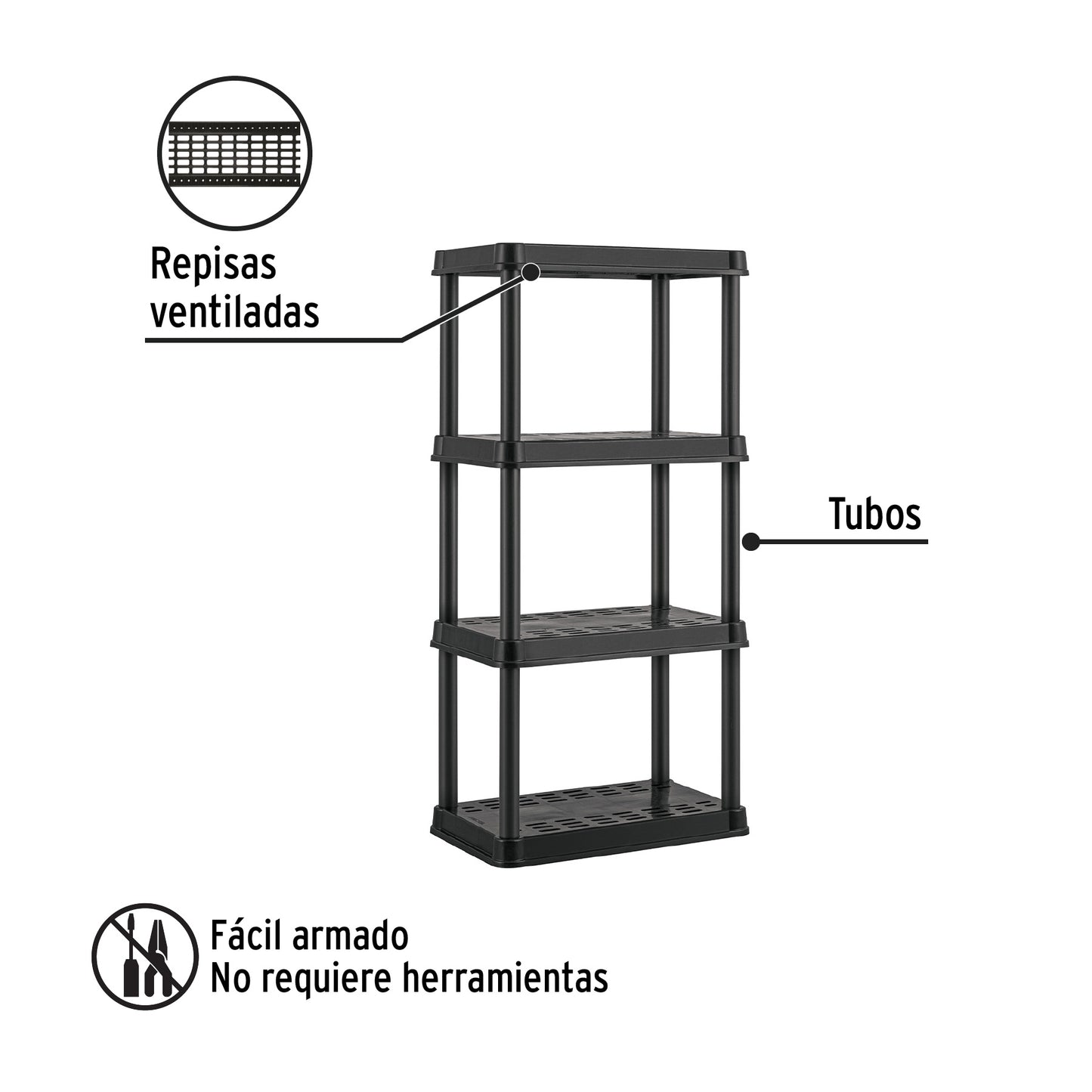 Estante plástico 4 repisas cap. 45 Kg, 125x38x61, PRETUL