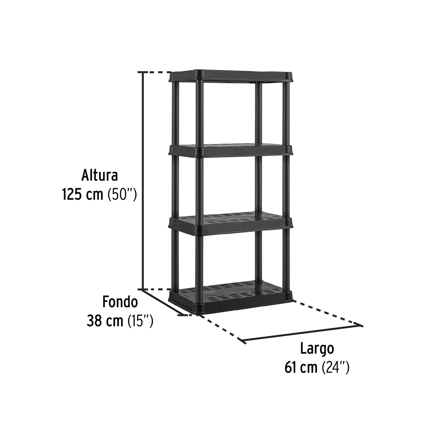Estante plástico 4 repisas cap. 45 Kg, 125x38x61, PRETUL