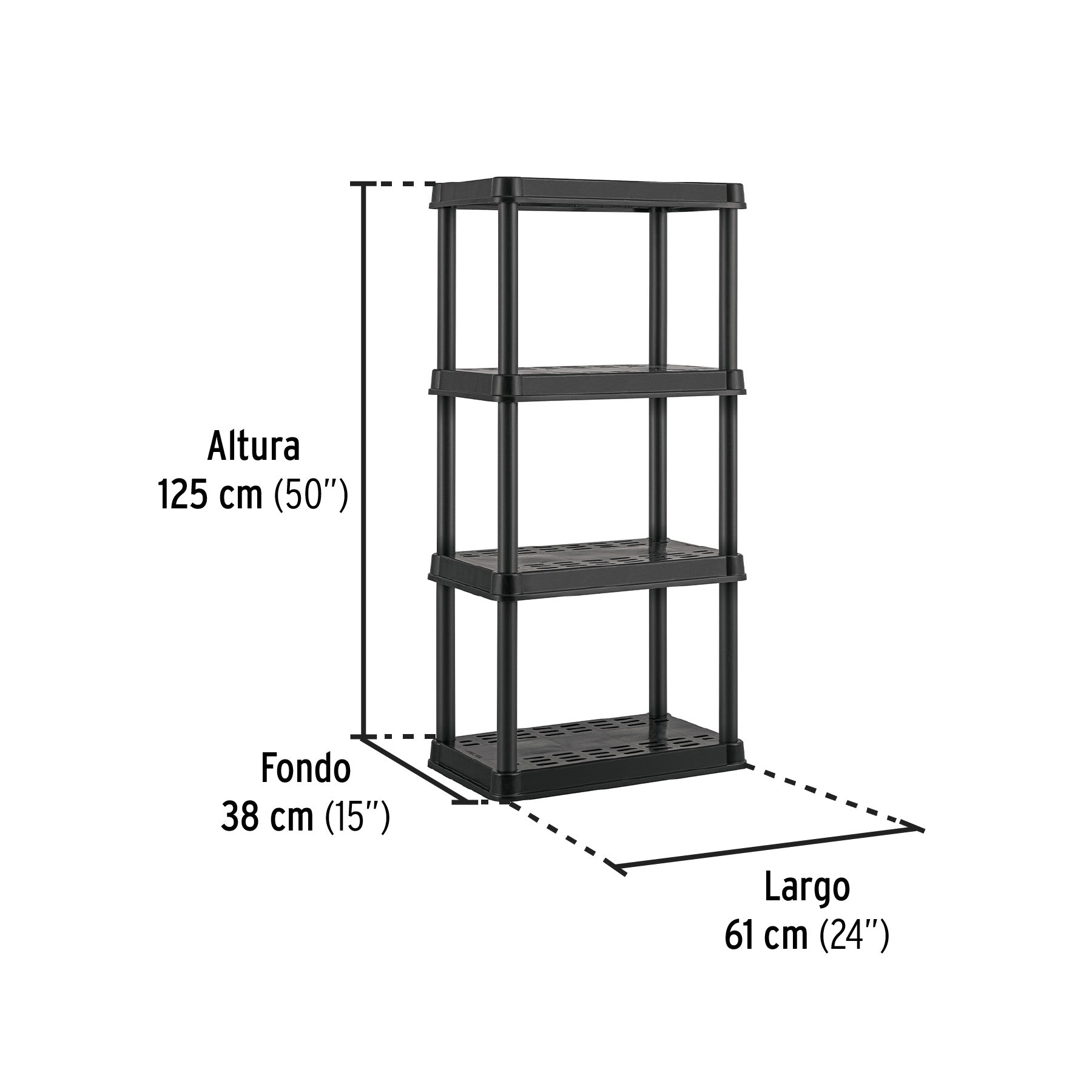Estante plástico 4 repisas cap. 45 Kg, 125x38x61, PRETUL