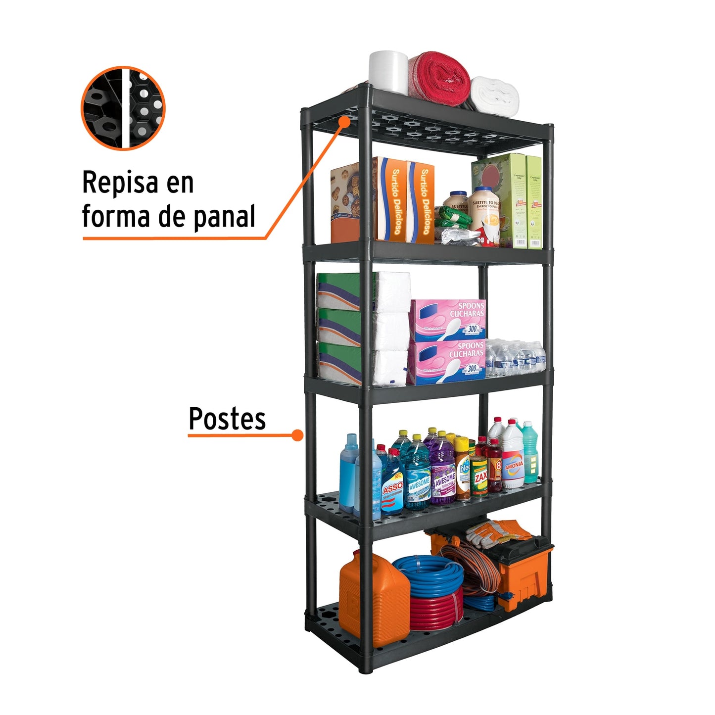 Estante plástico, uso rudo, 5 repisas