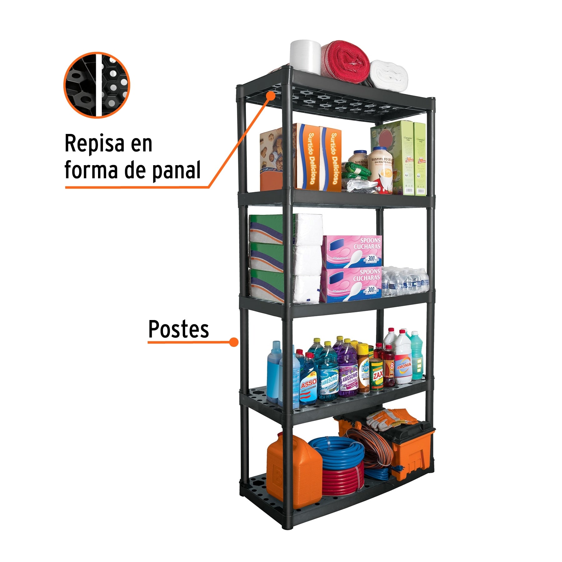 Estante plástico, uso rudo, 5 repisas
