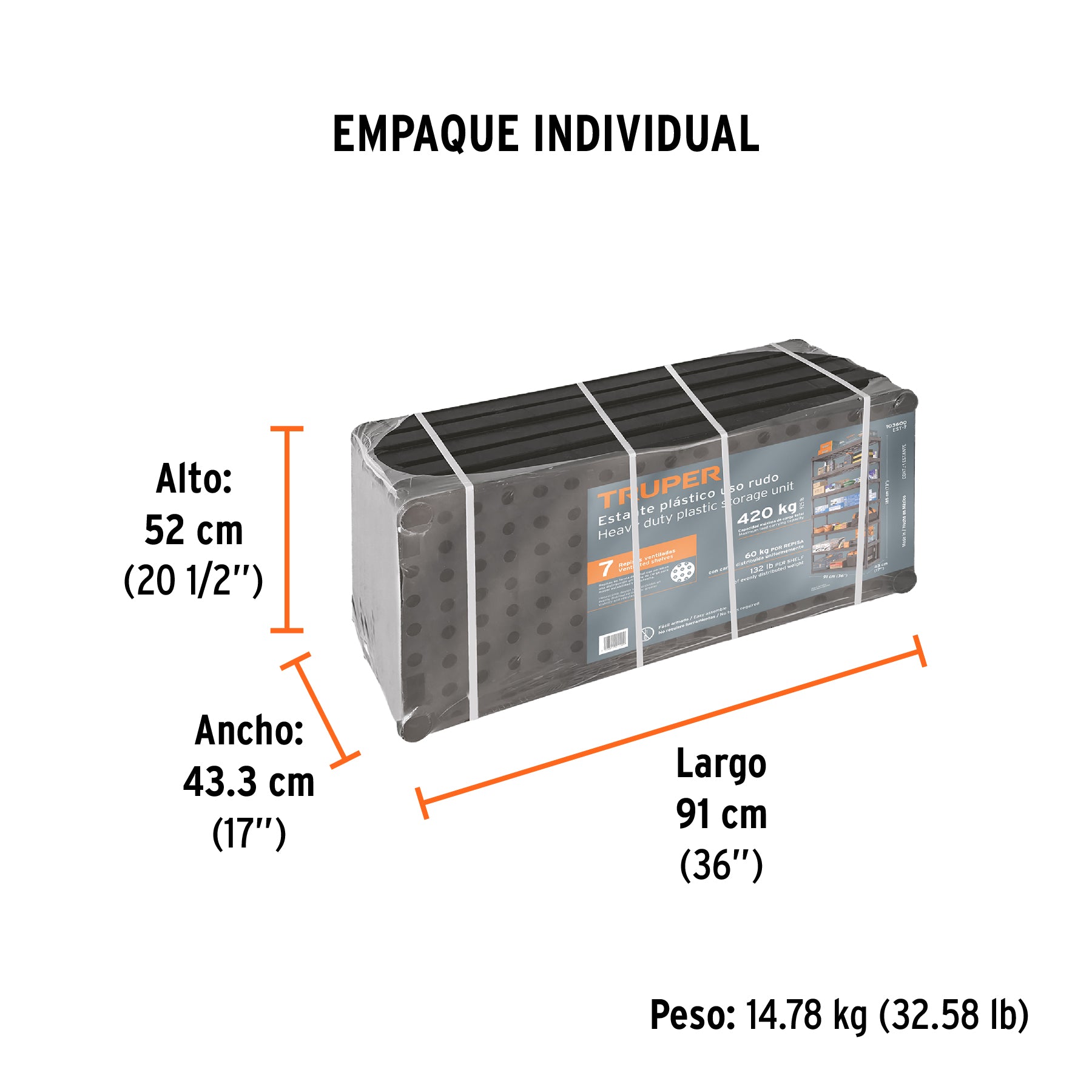 Estante plástico uso rudo 7 rep/cap. 70 Kg, 185x43x91,TRUPER