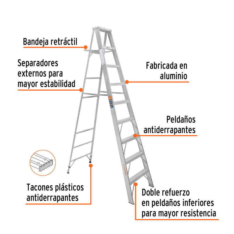 Escalera de tijera, aluminio, tipo ll, 8 escalones