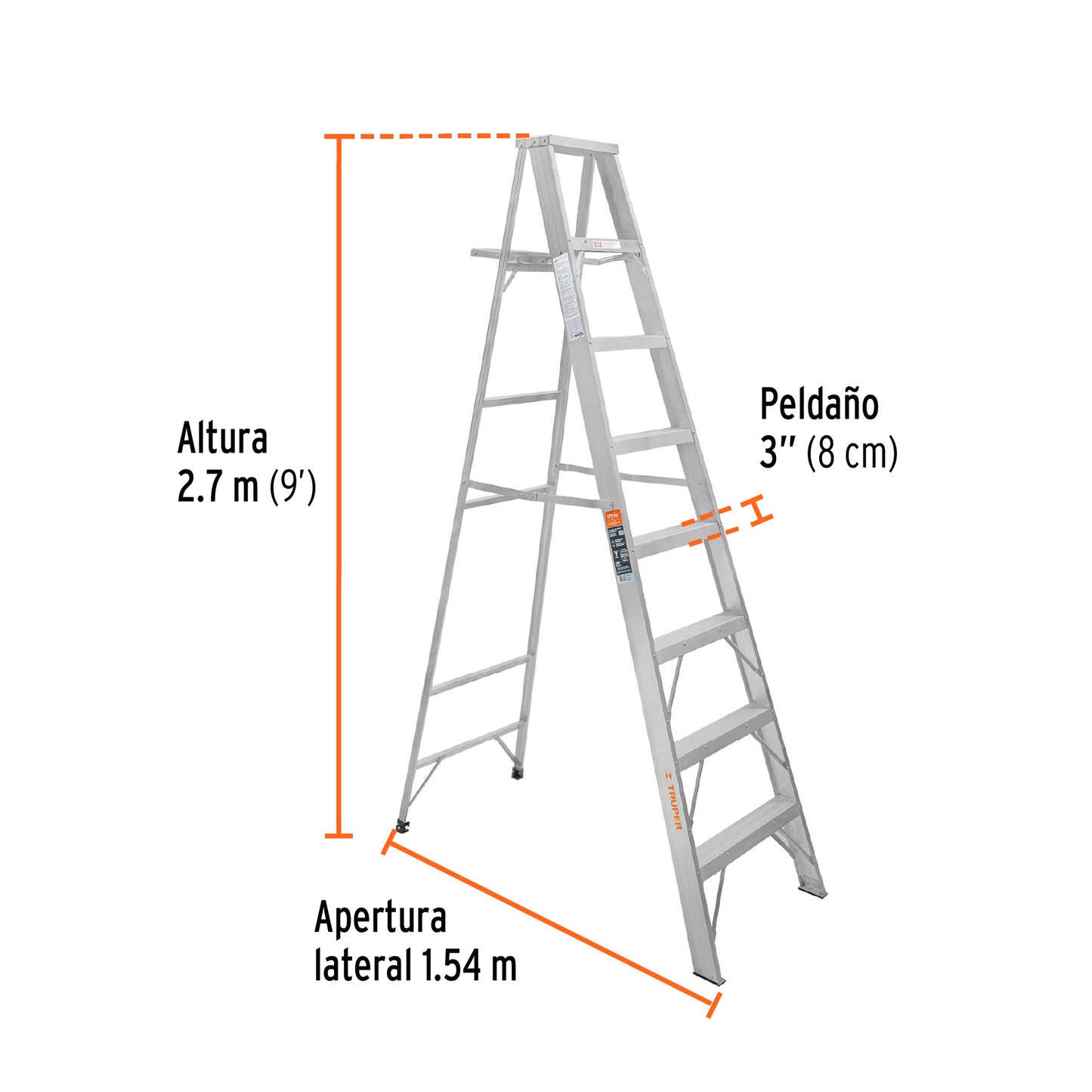 Escalera de tijera, aluminio, tipo ll, 8 escalones