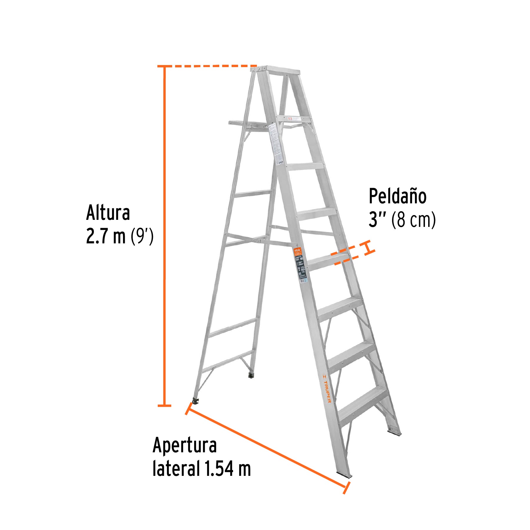 Escalera de tijera, aluminio, tipo ll, 8 escalones