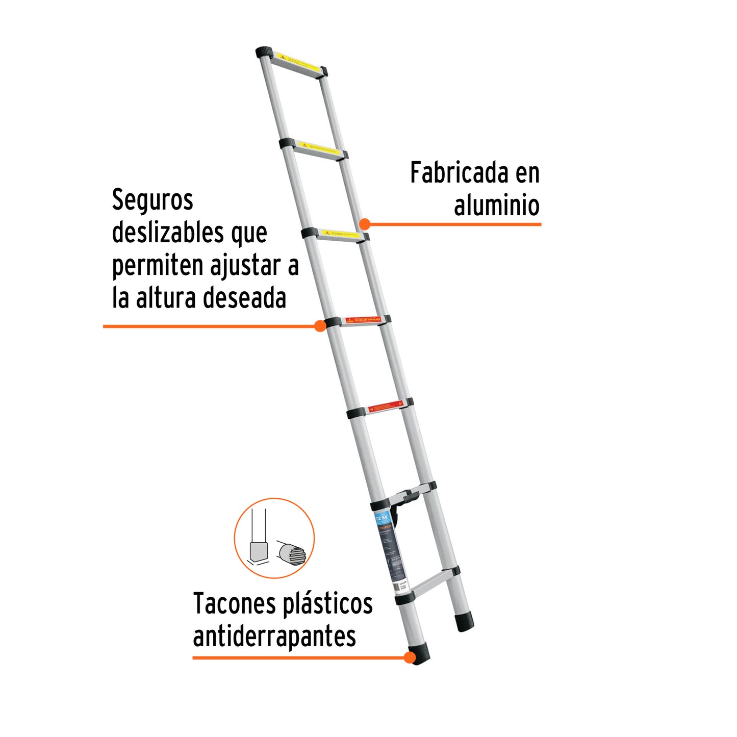 Escalera telescópica,13 peldaños, tipo II, capacidad 175kg