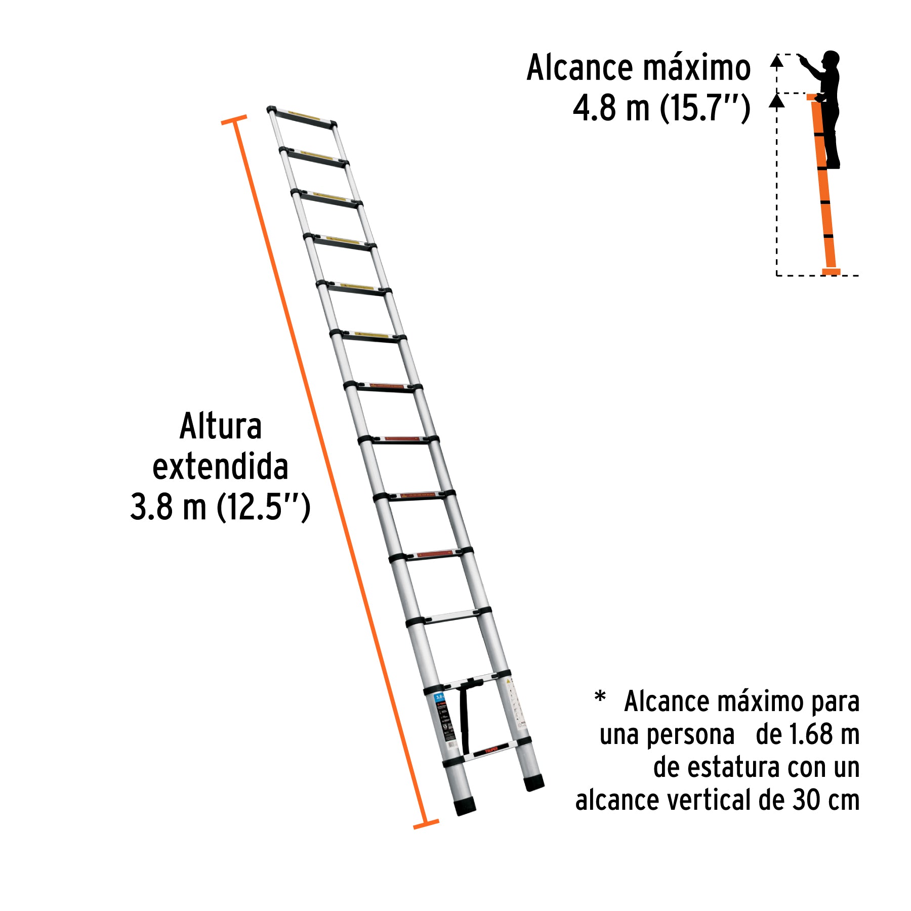 Escalera telescópica,13 peldaños, tipo II, capacidad 175kg