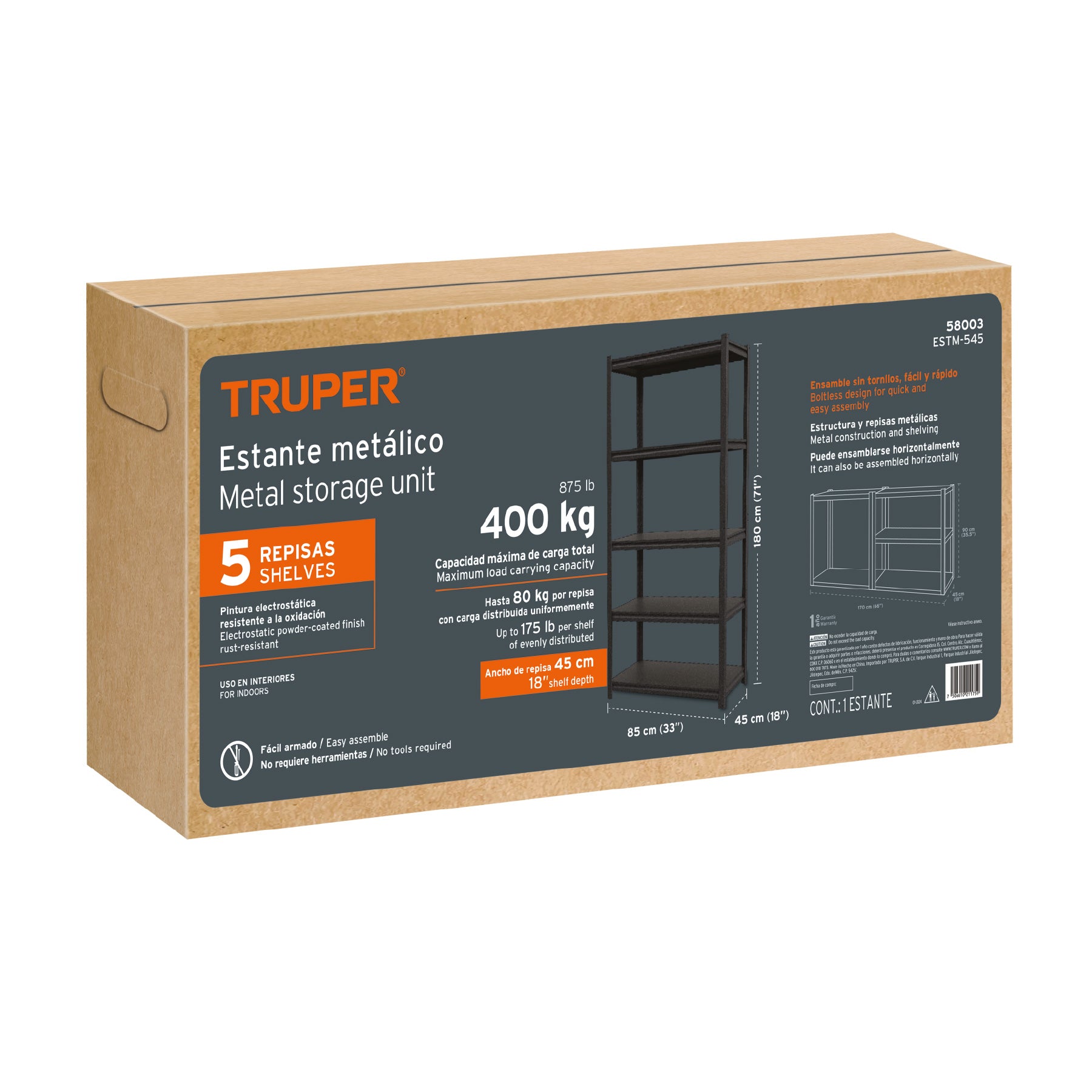 Estante metálico 5 repisas capacidad 80 Kg,180x45x85, TRUPER