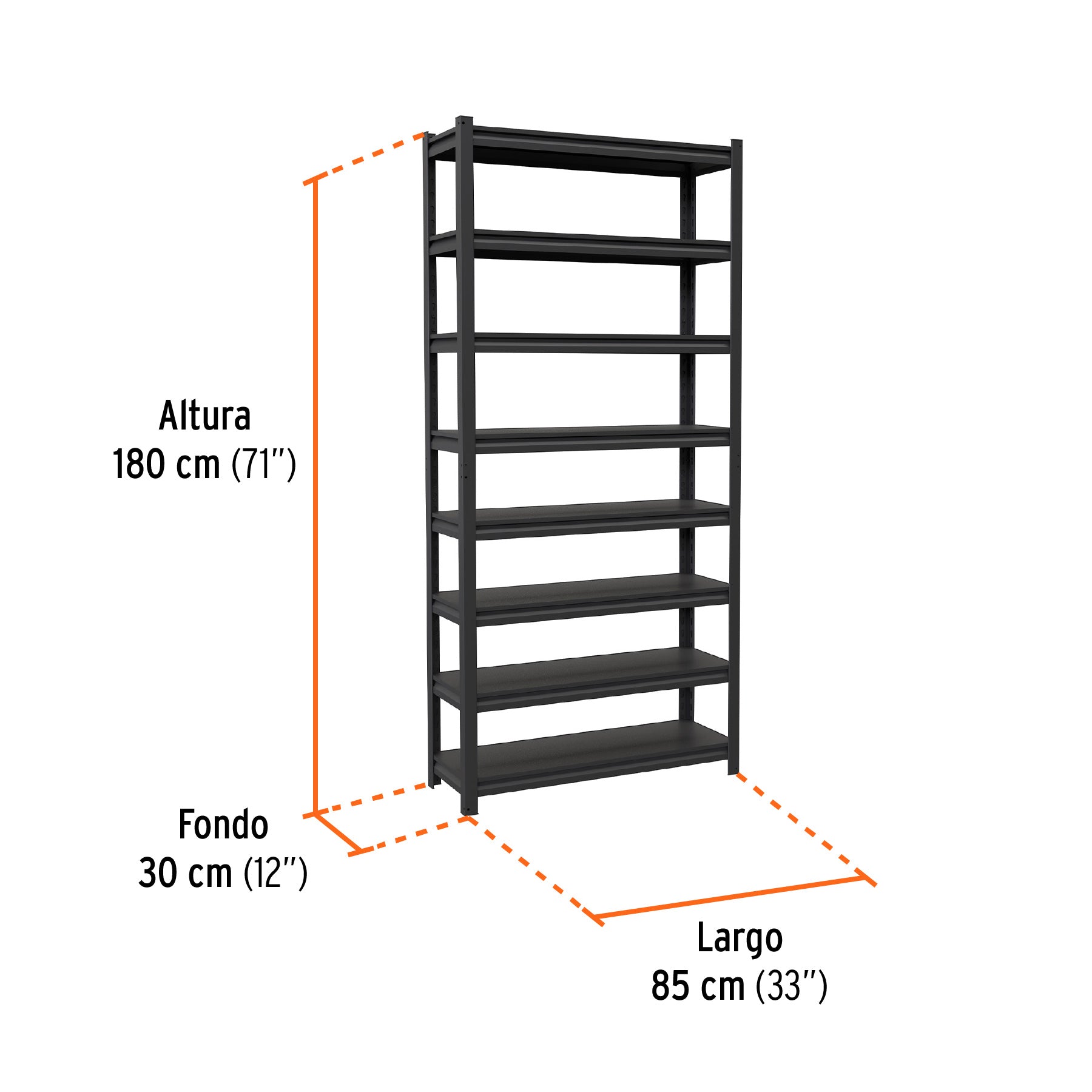 Estante metálico 8 repisas capacidad 80 Kg,180x30x85, TRUPER