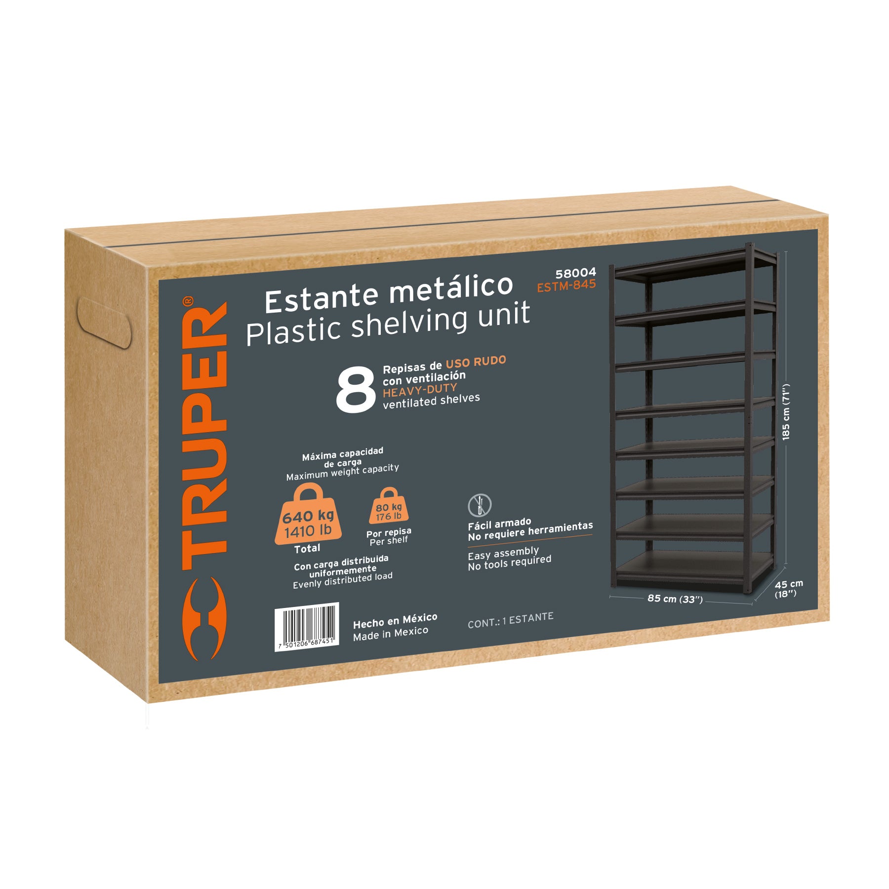 Estante metálico 8 repisas capacidad 80 Kg,180x45x85, TRUPER