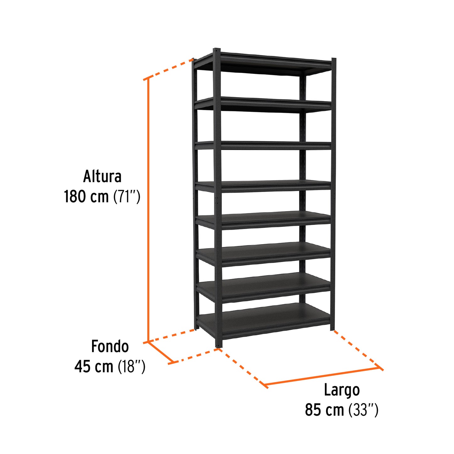 Estante metálico 8 repisas capacidad 80 Kg,180x45x85, TRUPER