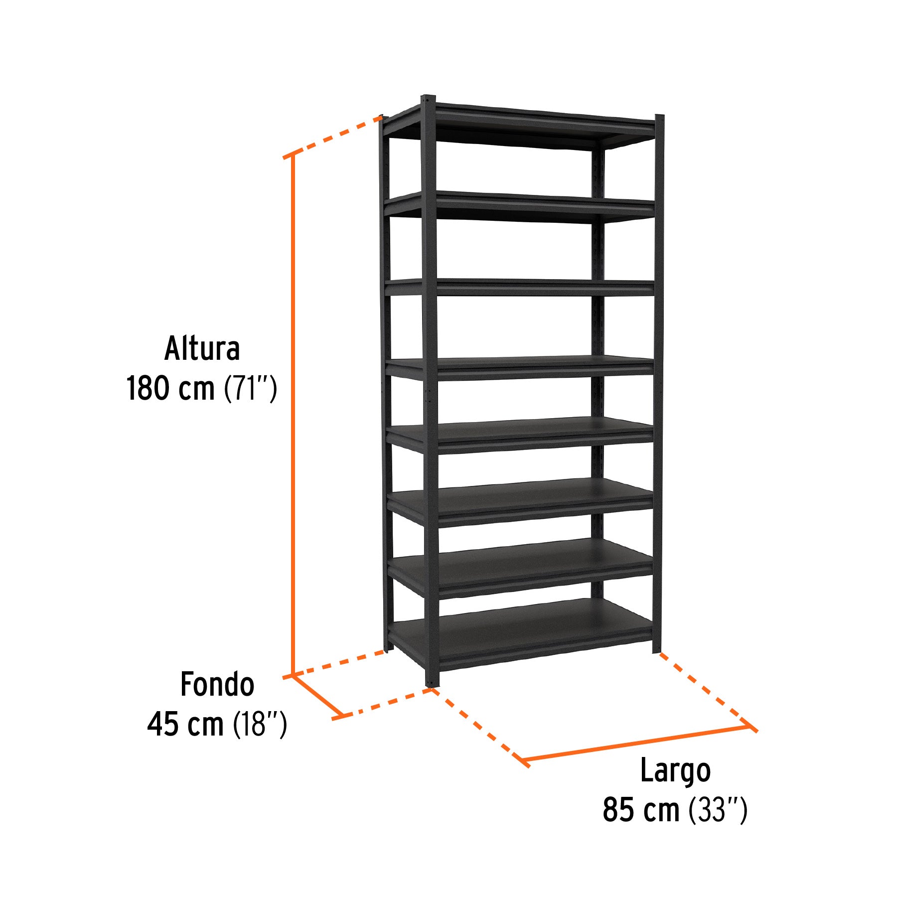 Estante metálico 8 repisas capacidad 80 Kg,180x45x85, TRUPER