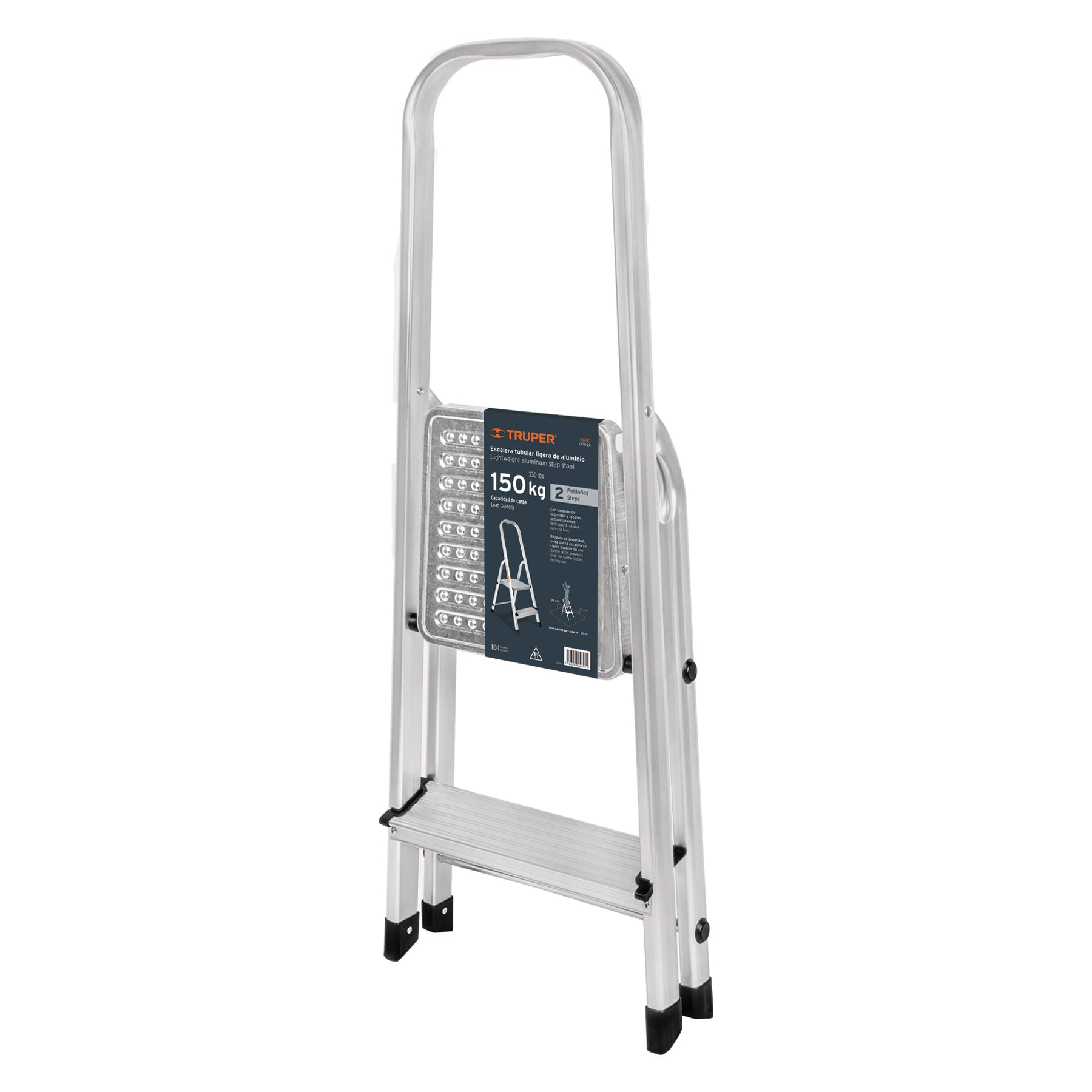 Escalera tubular, plegable, 2 peldaños, aluminio
