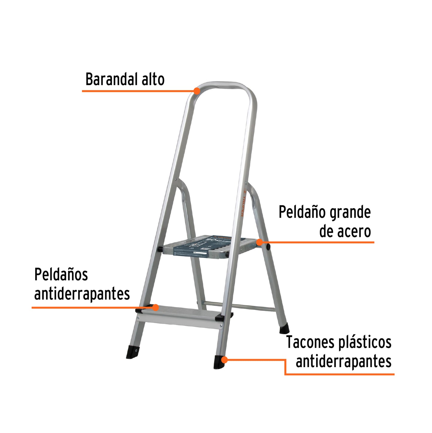 Escalera tubular, plegable, 2 peldaños, aluminio