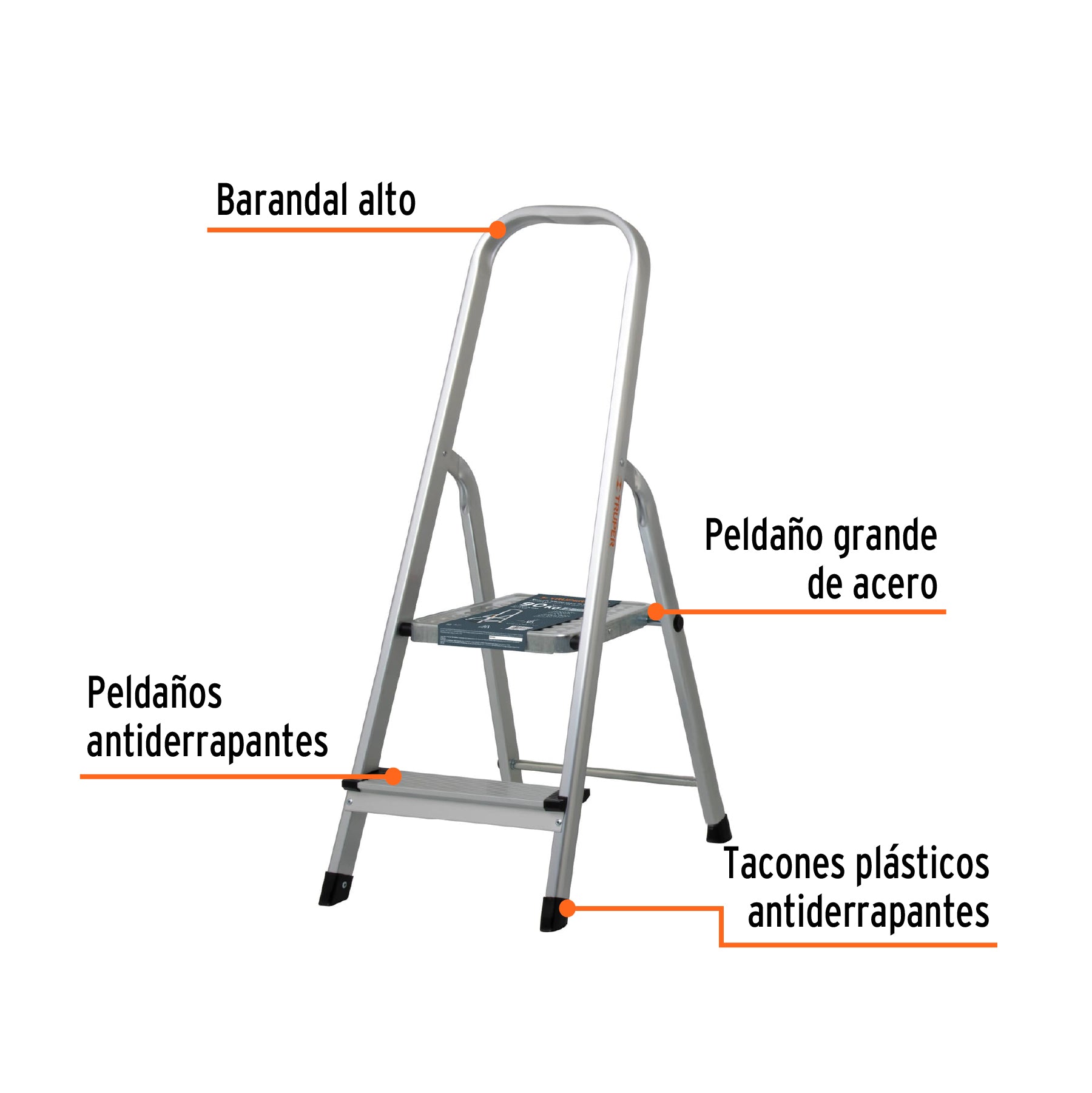 Escalera tubular, plegable, 2 peldaños, aluminio