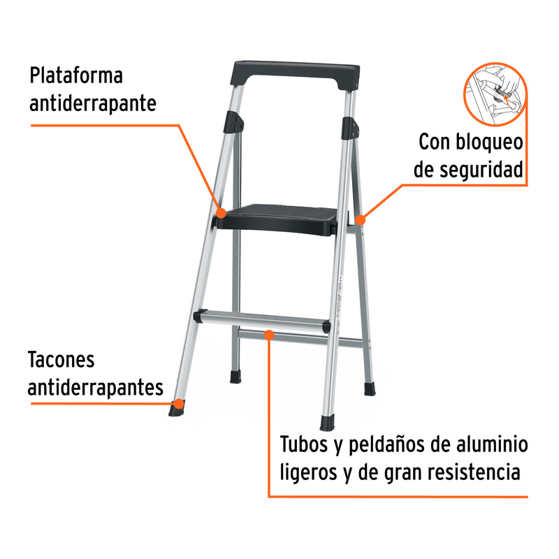 Escalera tubular, plegable, 2 peldaños, aluminio