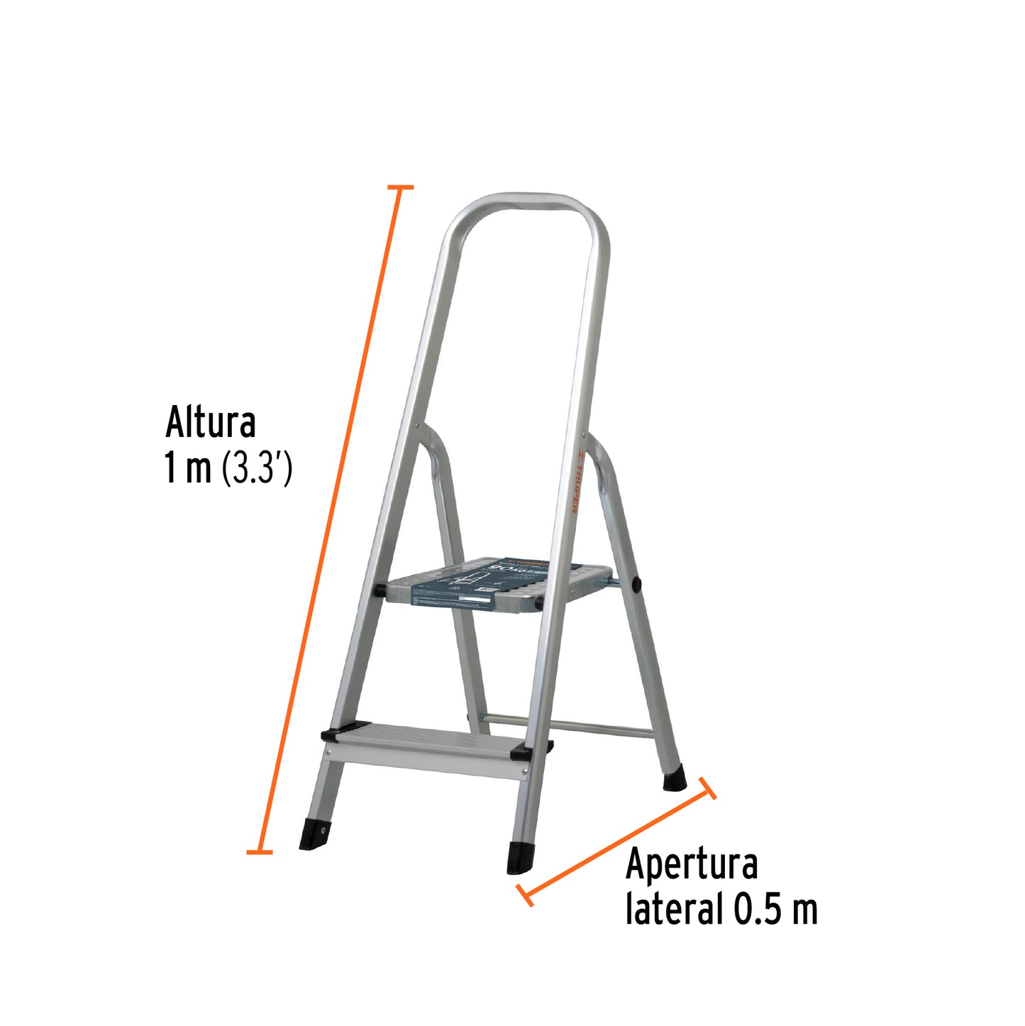Escalera tubular, plegable, 2 peldaños, aluminio
