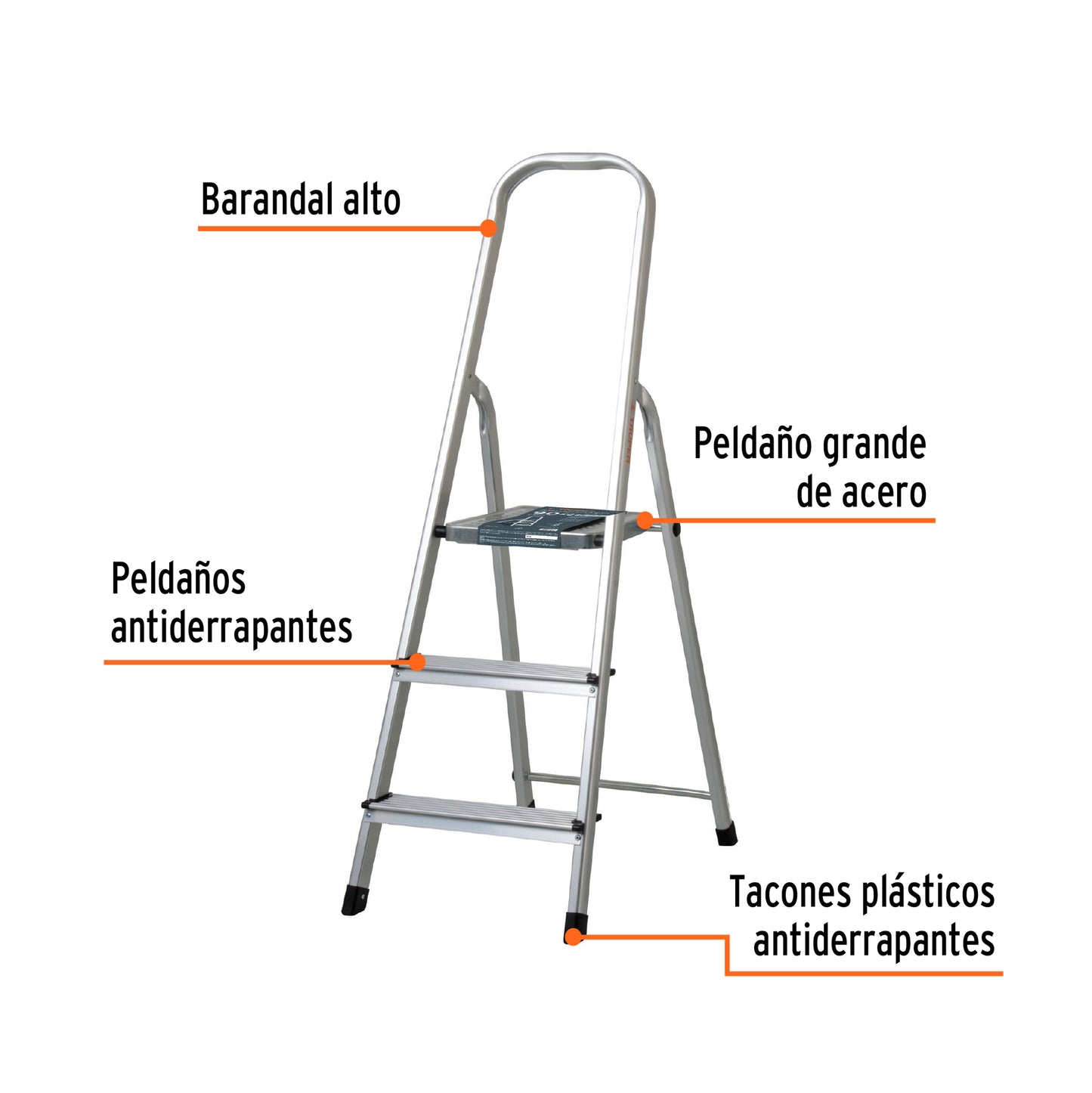 Escalera tubular, plegable, 3 peldaños, aluminio