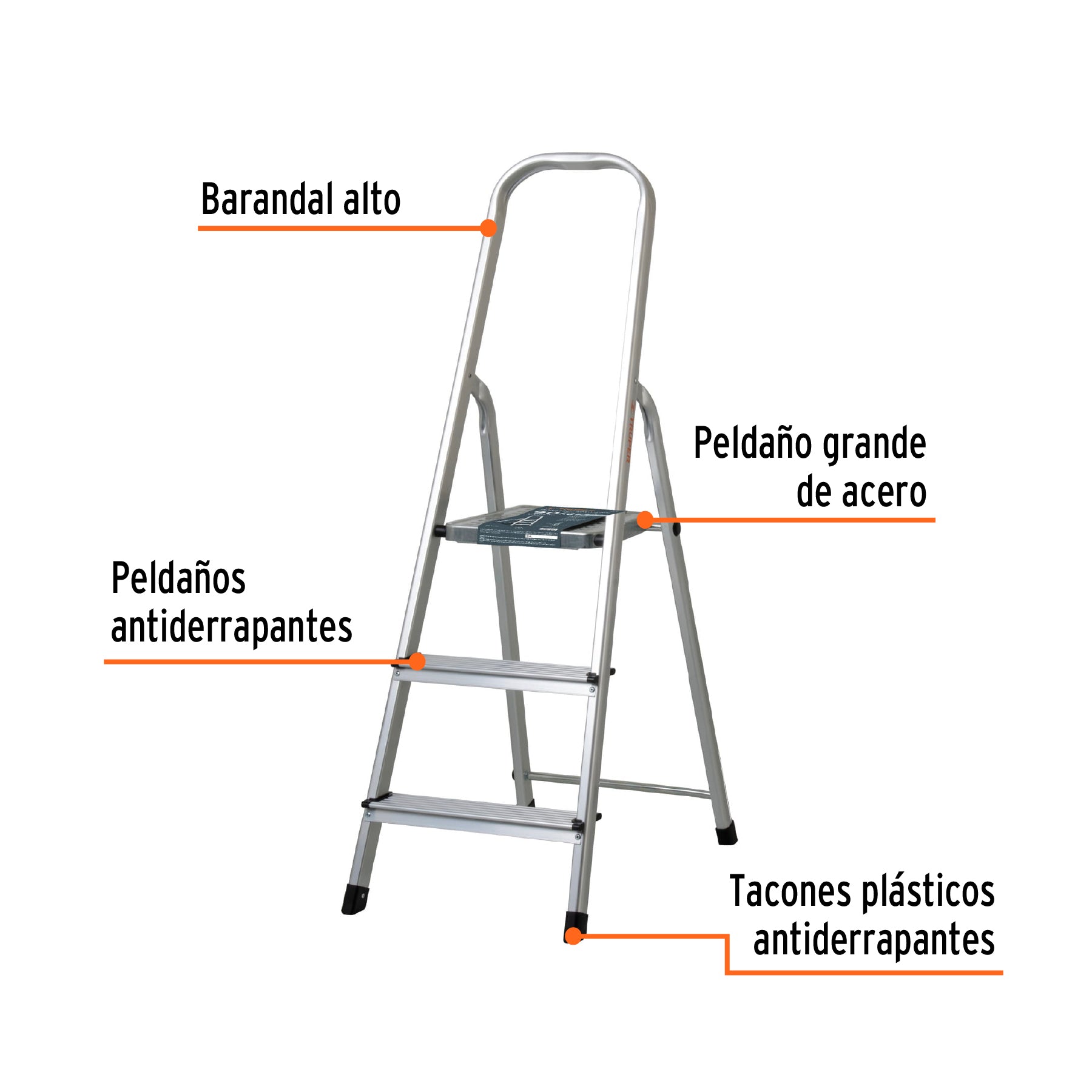 Escalera tubular, plegable, 3 peldaños, aluminio