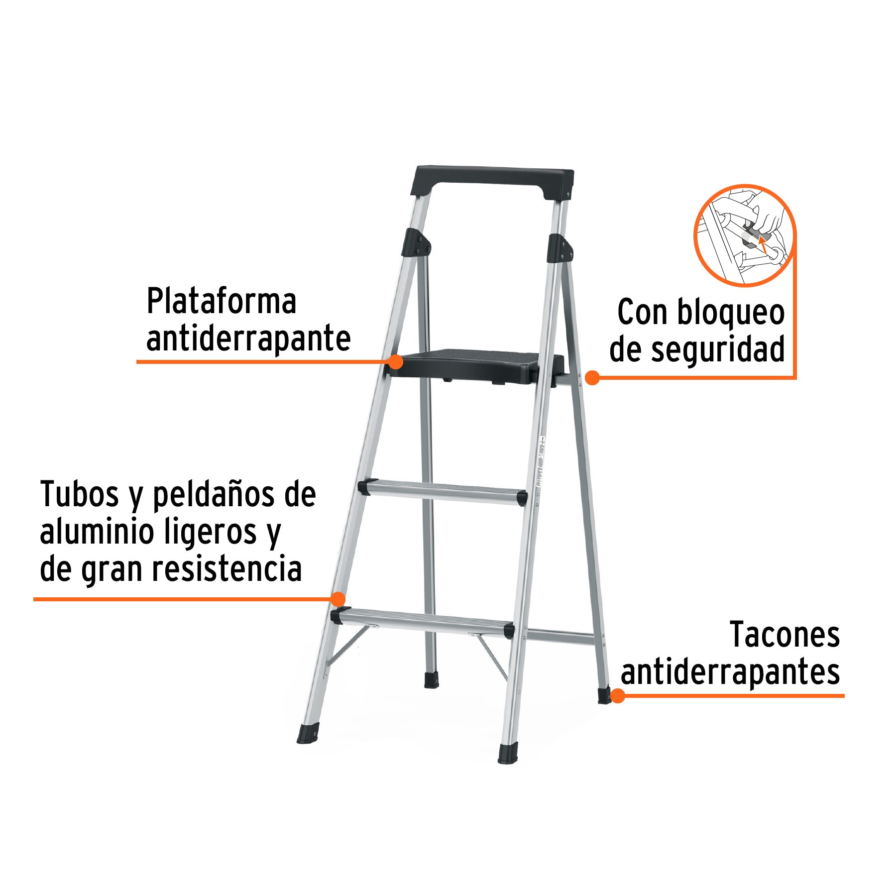 Escalera tubular, plegable, 3 peldaños, aluminio