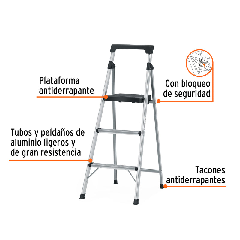 Escalera tubular, plegable, 3 peldaños, aluminio
