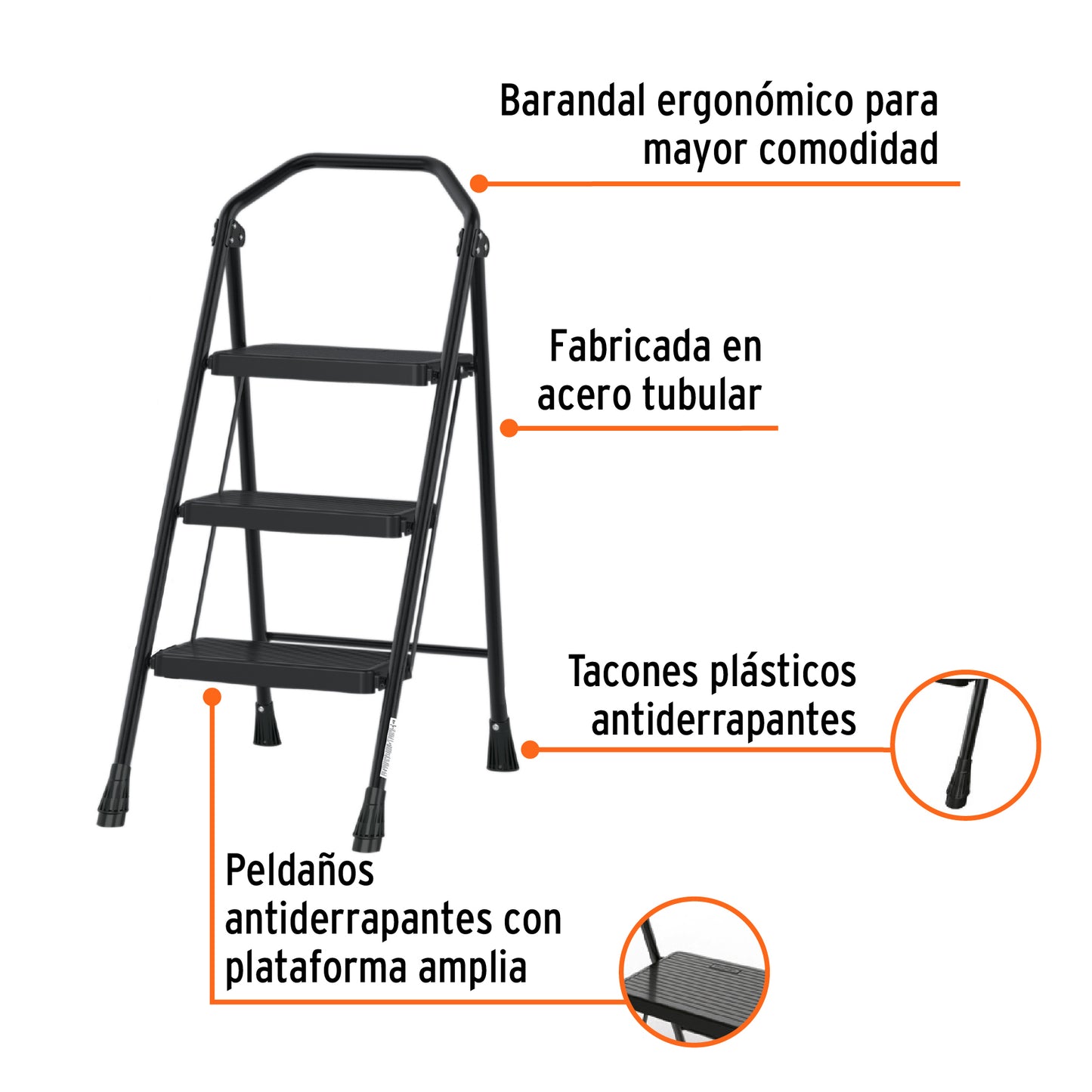Escalera tubular, plegable, 3 peldaños, Truper