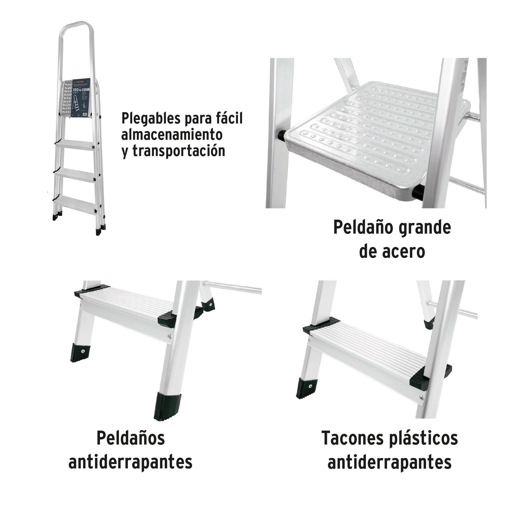 Escalera tubular, plegable, 4 peldaños, aluminio