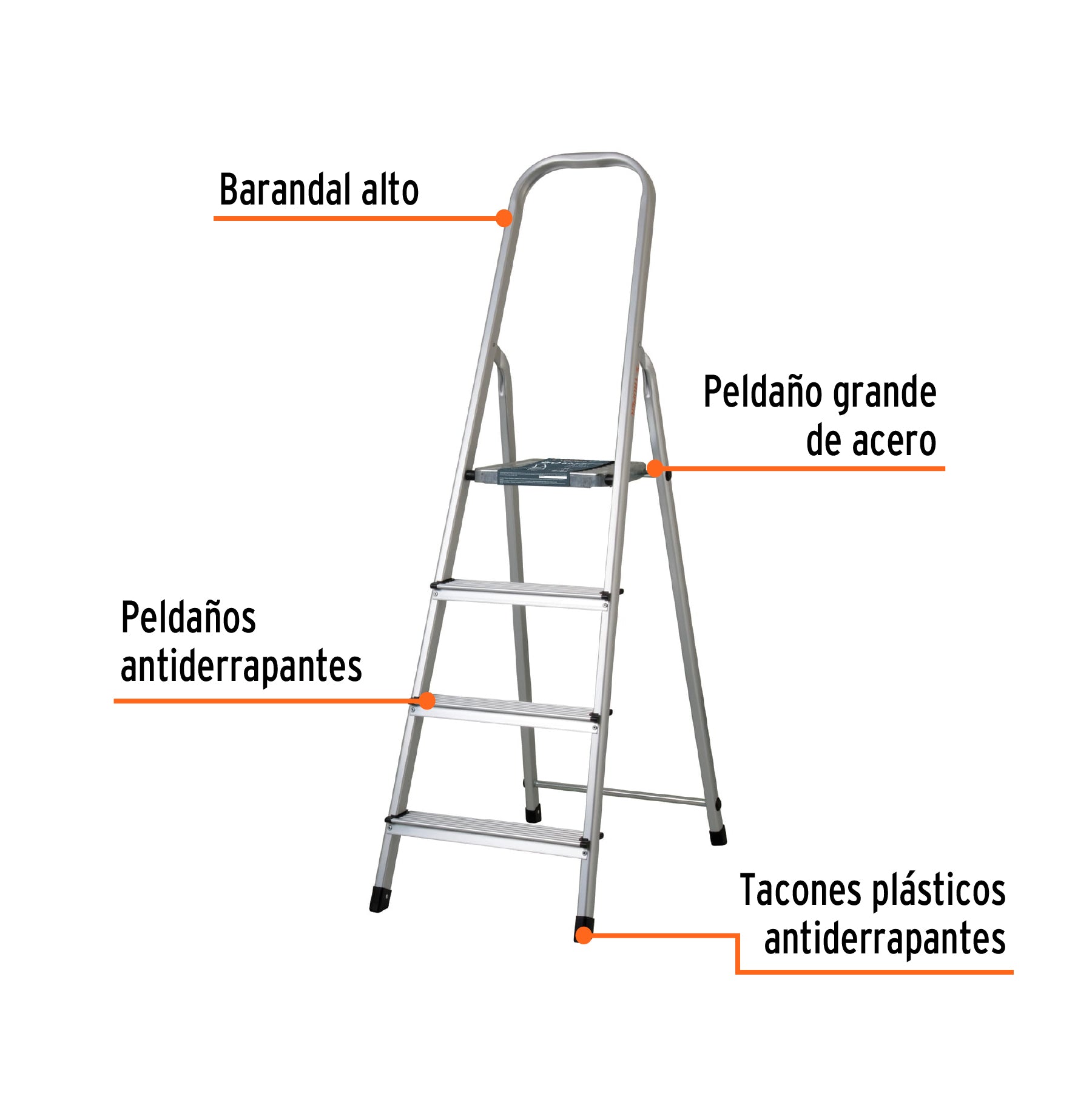 Escalera tubular, plegable, 4 peldaños, aluminio