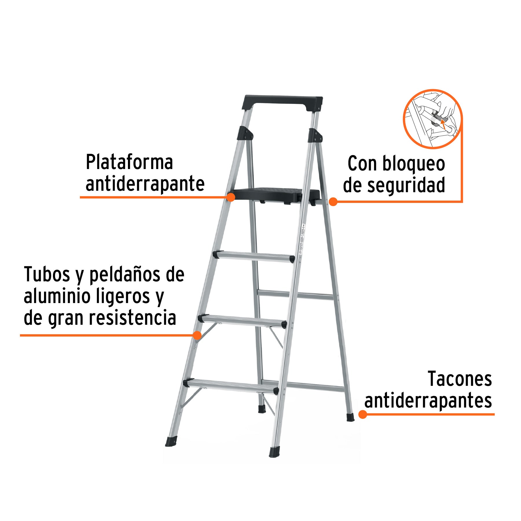 Escalera tubular, plegable, 4 peldaños, aluminio