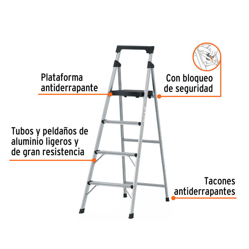 Escalera tubular, plegable, 4 peldaños, aluminio
