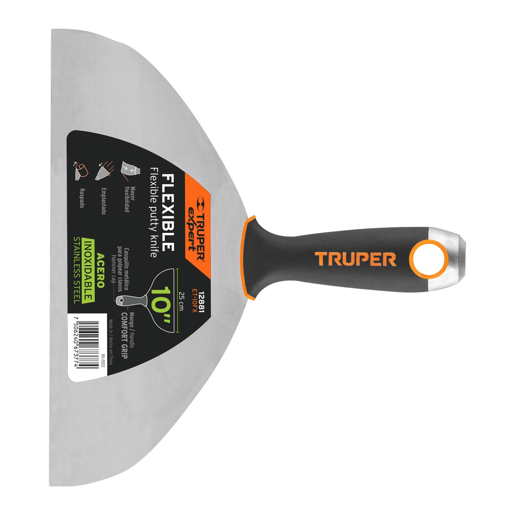 Espátula flexible 10", acero inoxidable, mango comfort grip