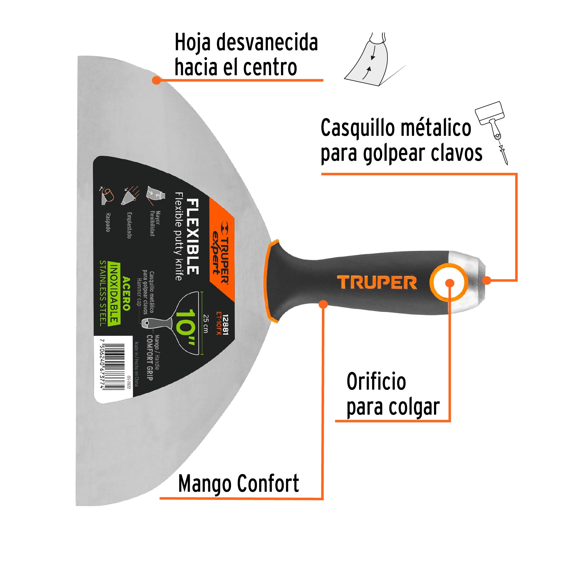 Espátula flexible 10", acero inoxidable, mango comfort grip