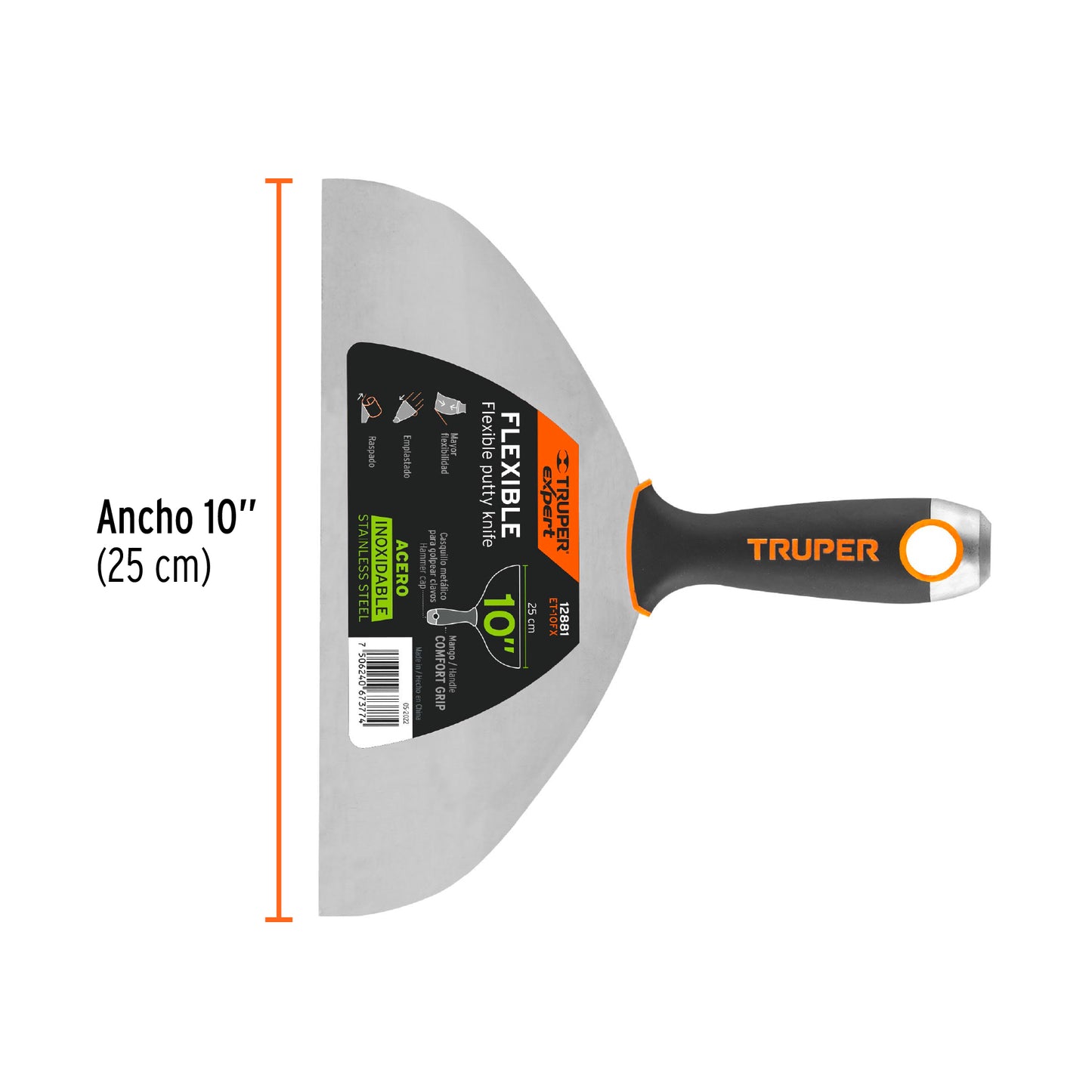 Espátula flexible 10", acero inoxidable, mango comfort grip