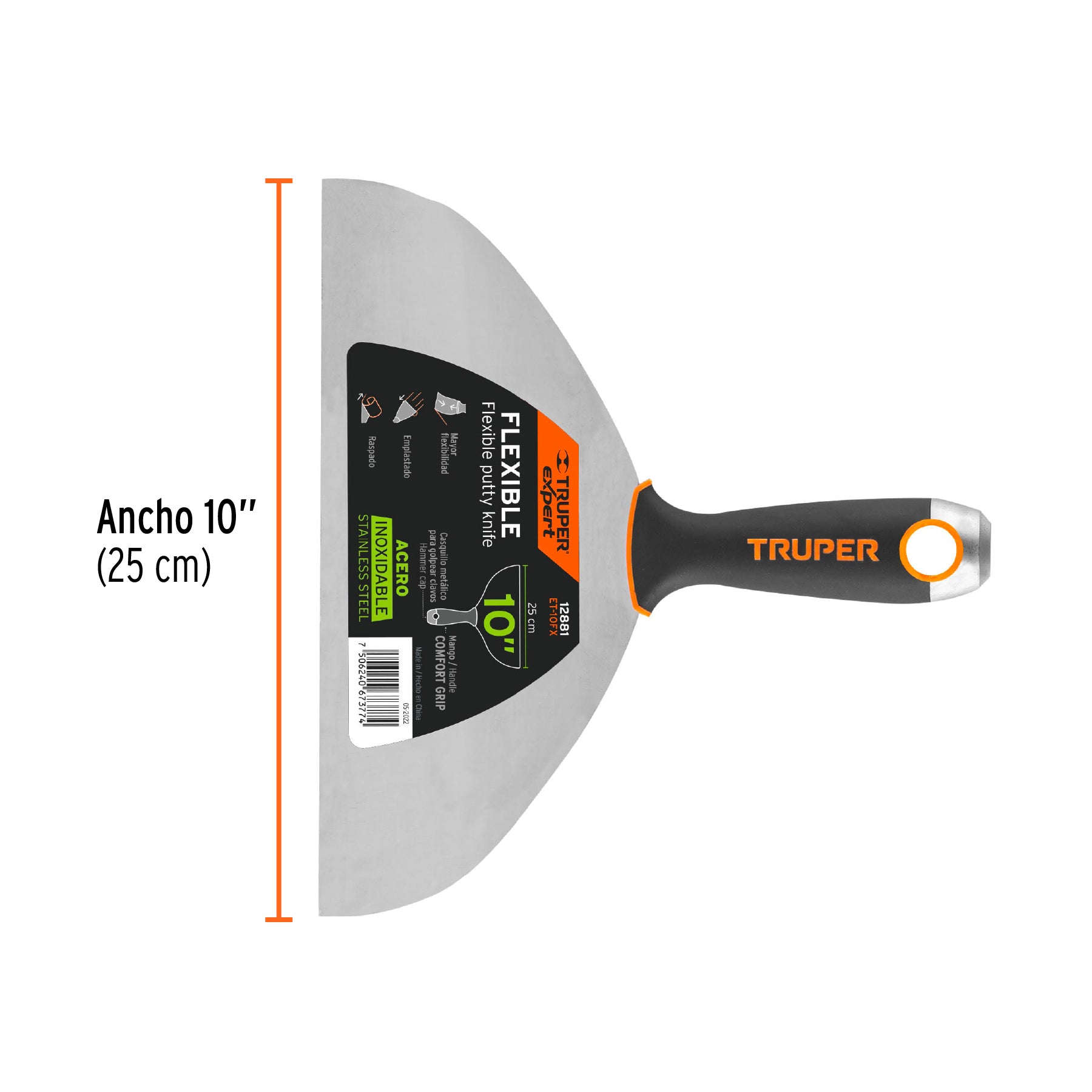 Espátula flexible 10", acero inoxidable, mango comfort grip