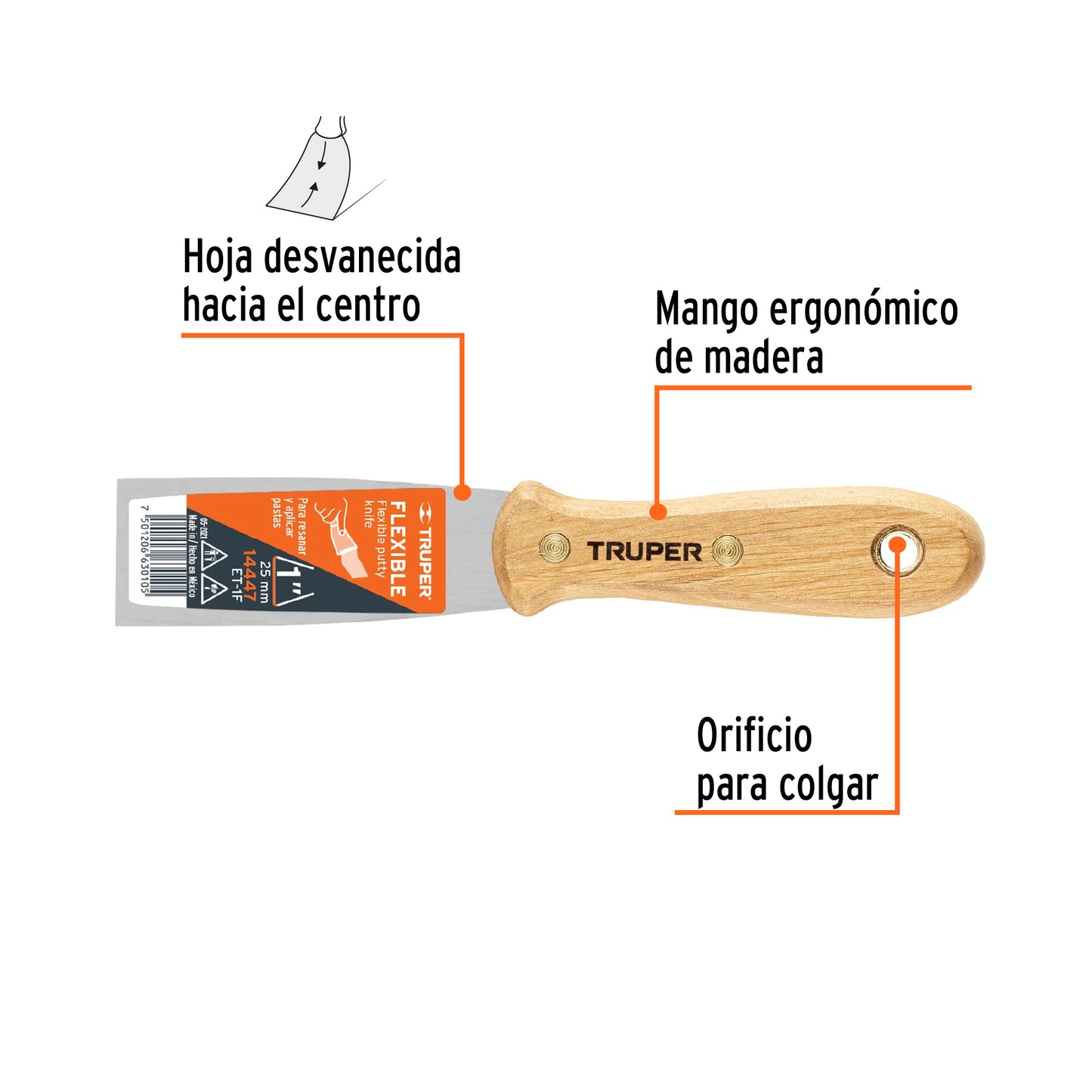 Espátula flexible, mango de madera, 1"