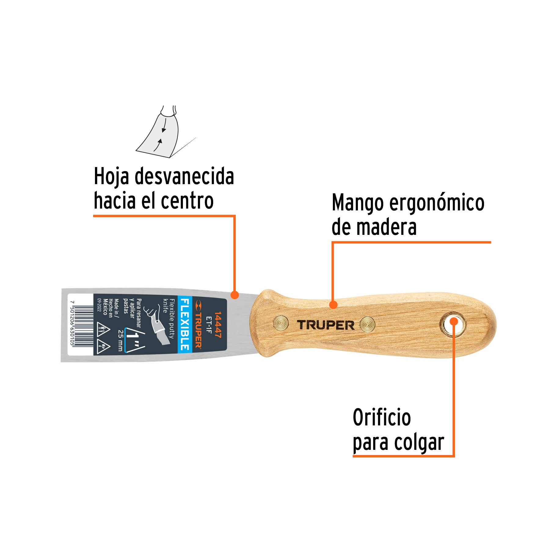 Espátula flexible, mango de madera, 1"