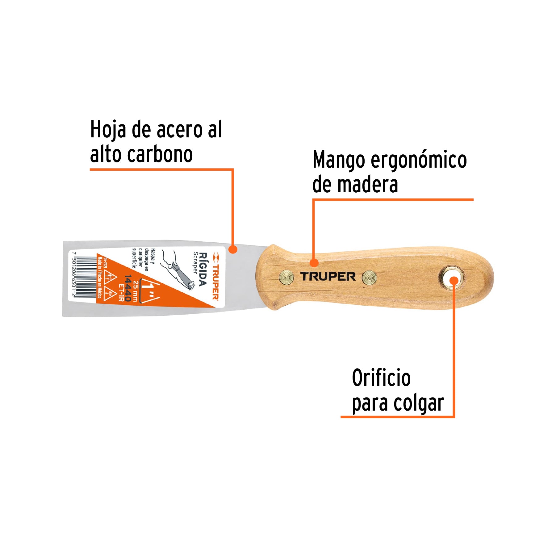 Espátula rígida, mango de madera, 1"