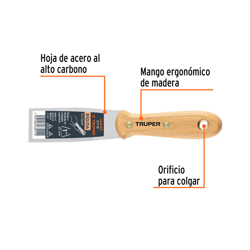 Espátula rígida, mango de madera, 1"