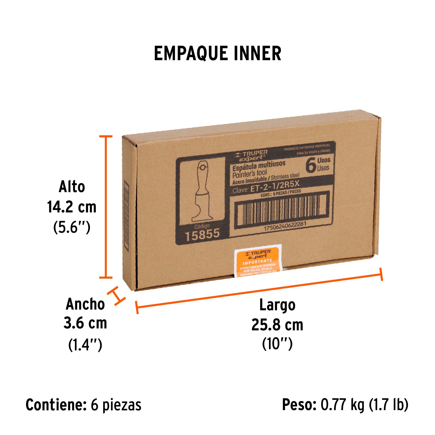 Espátula 2-1/2", rígida de 5 usos, acero inoxidable