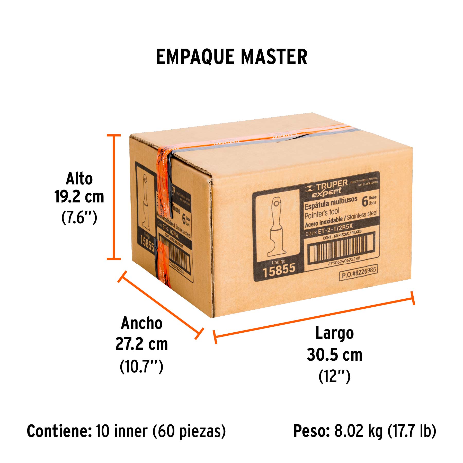 Espátula 2-1/2", rígida de 5 usos, acero inoxidable