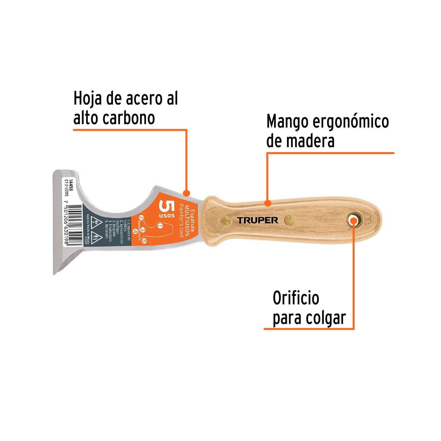 Espátula de 5 usos, mango de madera, 2-1/2"