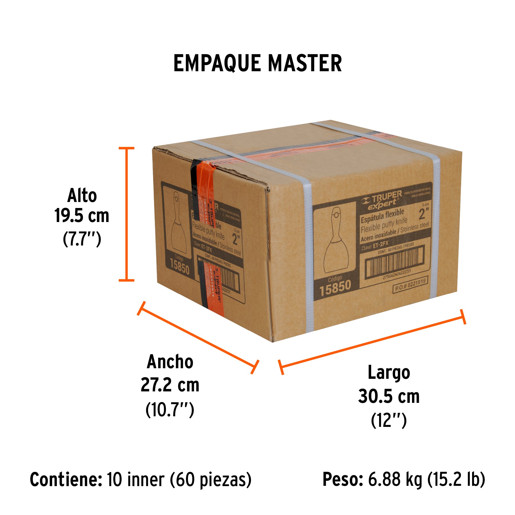 Espátula flexible 2", acero inoxidable, mango comfort grip